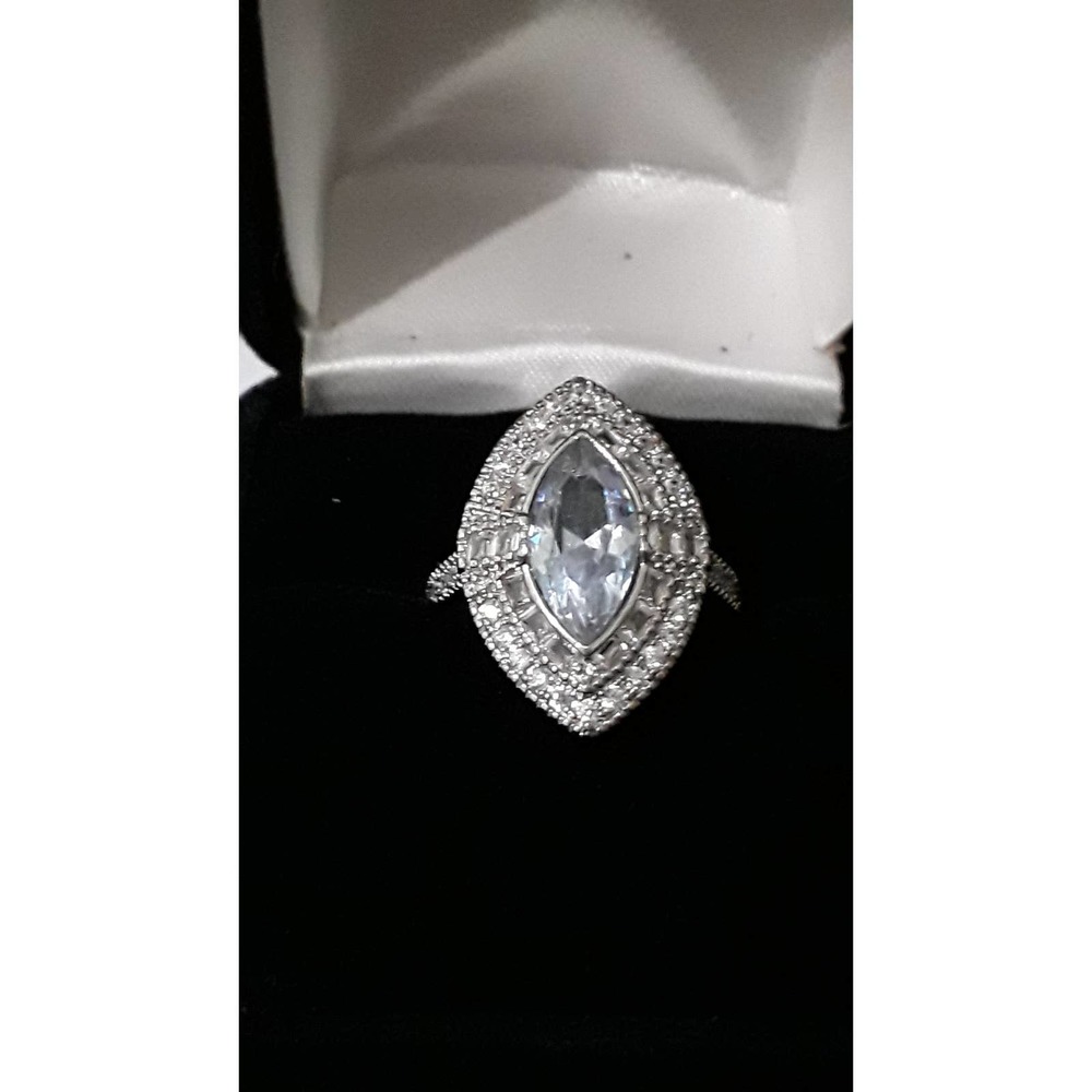 Marquise Sz 7 - s925 Silver Double Halo Aquamarine Diamond Ring NIB